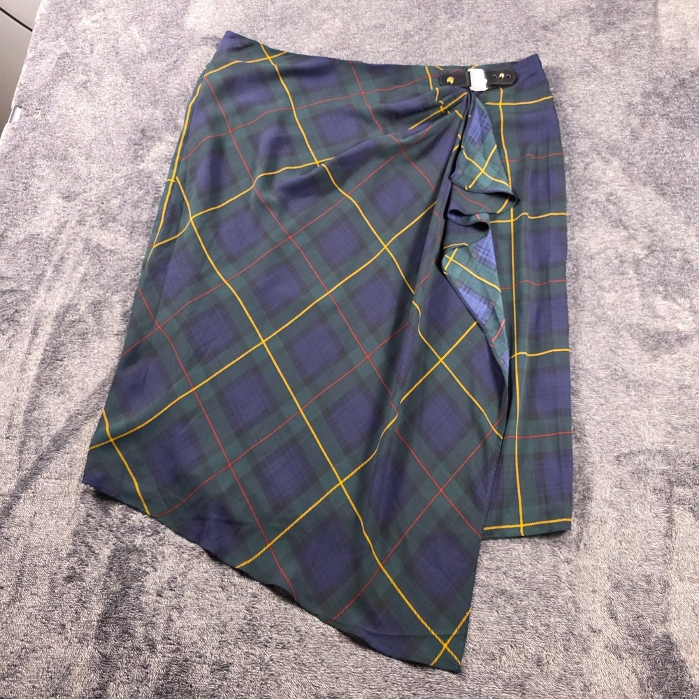 Ralph Lauren Tartan Plaid Buckle Trim Georgette Skirt Womens Size 18 Green Crepe